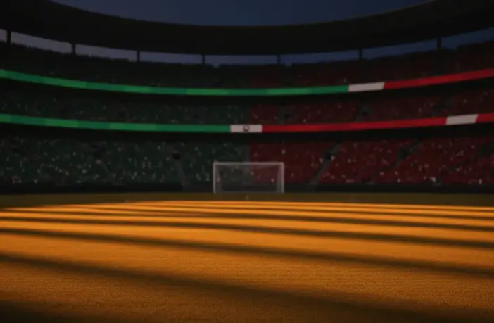 Floodlit football stadium at dusk with green and red crowd sections, dramatic shadow patterns on empty pitch.