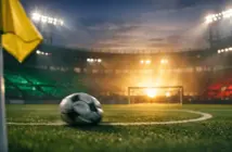 Empty floodlit stadium pitch at dusk with corner flag, emerald and red accent lighting, shadow patterns, motion-blurred football.