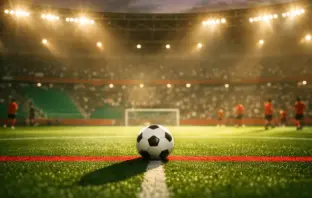 Floodlit football pitch at dusk with red and green stadium lighting, ball on centre circle, dramatic shadows.