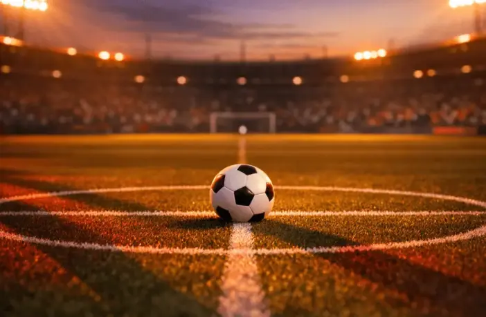 Floodlit football pitch at dusk with ball on centre spot, dramatic shadows, golden stadium lighting, packed stands blurred in background.