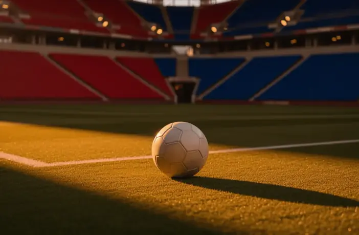 Empty floodlit stadium corner view with Dutch flag colours; match ball on centre spot, golden-hour lighting.