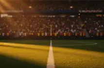 Floodlit World Cup 2026 stadium at golden hour with packed stands and dramatic pitch shadows.
