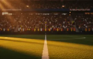 Floodlit World Cup 2026 stadium at golden hour with packed stands and dramatic pitch shadows.