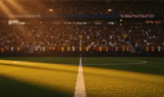 Floodlit World Cup 2026 stadium at golden hour with packed stands and dramatic pitch shadows.