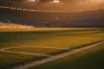 Empty floodlit stadium pitch at golden hour with dramatic shadows, warm and cool colour grading.