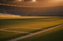 Empty floodlit stadium pitch at golden hour with dramatic shadows, warm and cool colour grading.