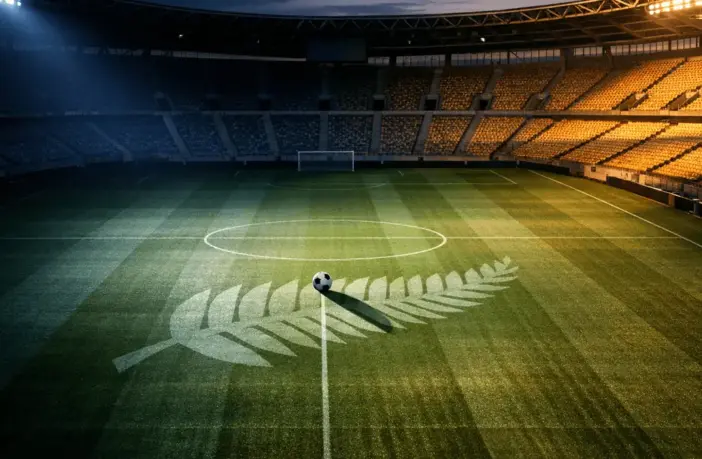 Floodlit stadium pitch at dusk with silver-fern motif and football on centre spot; navy and gold lighting; tournament-ready atmosphere.