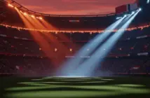 Floodlit stadium at dusk with packed stands, atmospheric shadow patterns, Norwegian red-white and French blue-white colour palette.
