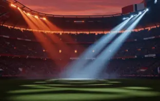 Floodlit stadium at dusk with packed stands, atmospheric shadow patterns, Norwegian red-white and French blue-white colour palette.