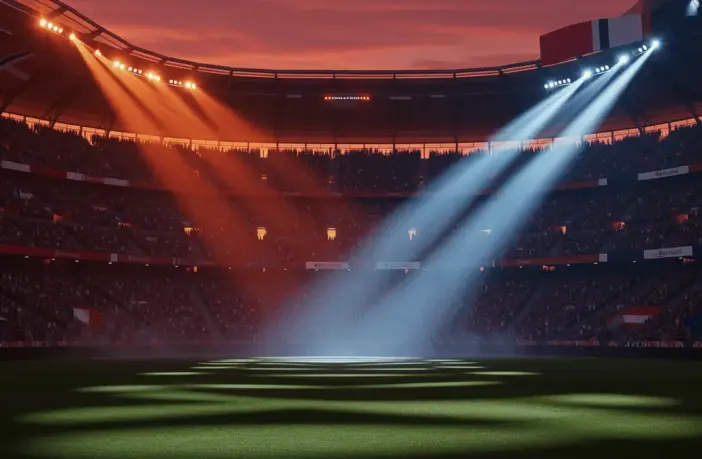 Floodlit stadium at dusk with packed stands, atmospheric shadow patterns, Norwegian red-white and French blue-white colour palette.