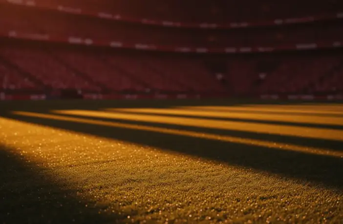 Floodlit stadium pitch at dusk with dramatic shadows and rain-slicked turf, shot from low sideline angle.