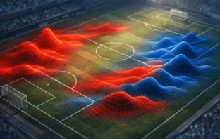Aerial diagonal view of football pitch with red and blue tactical heat-map overlays and geometric probability mesh.
