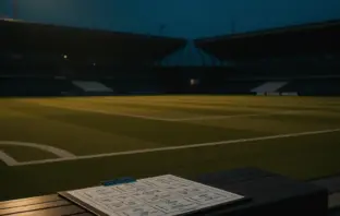 Empty football stadium at dusk with tactical board, symbolizing pre-season preparation urgency