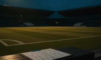 Empty football stadium at dusk with tactical board, symbolizing pre-season preparation urgency