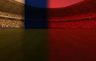 Floodlit stadium at golden hour with packed stands, dramatic shadows, and crimson-blue and white-navy colour palettes across empty pitch.