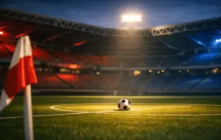 Floodlit empty football pitch at dusk with Panama flag-coloured lighting accents, ball on centre spot, dramatic shadows.