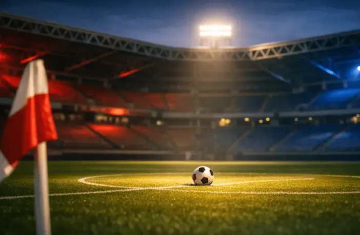 Floodlit empty football pitch at dusk with Panama flag-coloured lighting accents, ball on centre spot, dramatic shadows.