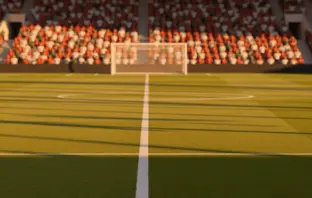Floodlit football stadium at golden-hour with packed stands, empty pitch, red-white and gold-green crowd colours.