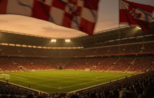 Floodlit football stadium at dusk with packed stands and dramatic golden-hour lighting, no players visible.