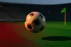 Football pitch at dusk under floodlights with red and green colour accents, ball in motion, corner flag in focus.