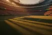 Floodlit stadium pitch at golden hour with red and green national colour accents, dramatic shadows across grass, packed stands blurred in background.