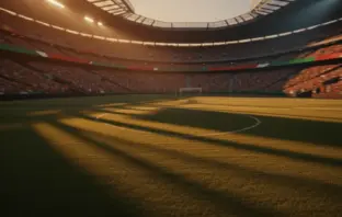 Floodlit stadium pitch at golden hour with red and green national colour accents, dramatic shadows across grass, packed stands blurred in background.
