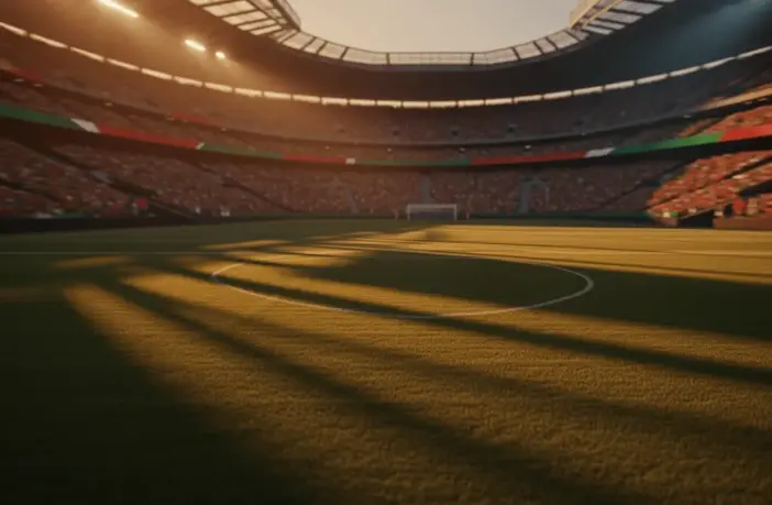 Floodlit stadium pitch at golden hour with red and green national colour accents, dramatic shadows across grass, packed stands blurred in background.