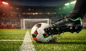 Football boot mid-strike on floodlit pitch with goal net and stadium stands in soft focus during evening kickoff.