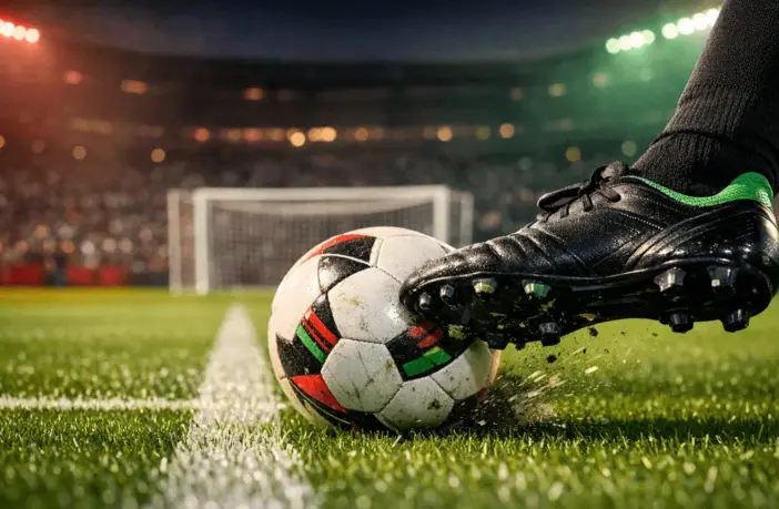 Football boot mid-strike on floodlit pitch with goal net and stadium stands in soft focus during evening kickoff.