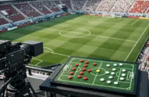 Broadcast gantry view of football pitch with tactical analysis equipment and colour-coded formation magnets