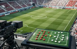 Broadcast gantry view of football pitch with tactical analysis equipment and colour-coded formation magnets