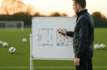 Football coach analyzing set-piece tactics on training ground whiteboard with green pitch in background
