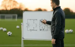 Football coach analyzing set-piece tactics on training ground whiteboard with green pitch in background