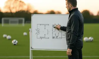Football coach analyzing set-piece tactics on training ground whiteboard with green pitch in background