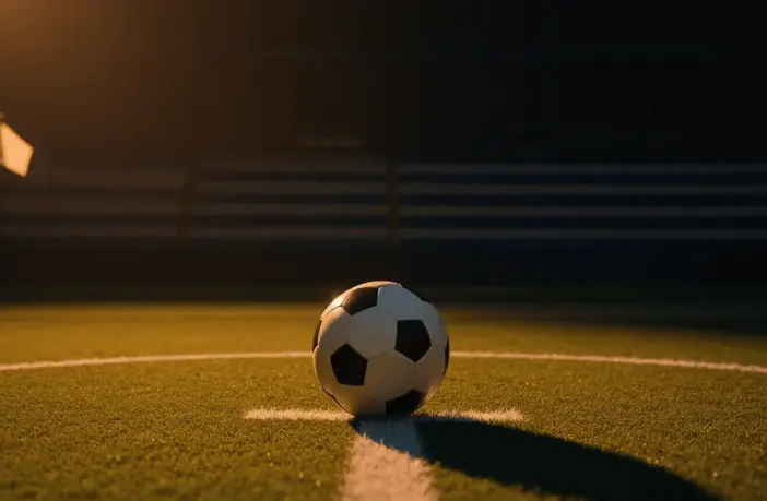 Empty floodlit football pitch with match ball on centre spot, green and blue colour accents, dramatic stadium lighting at dusk.