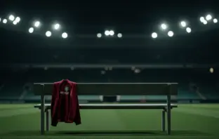Empty manager's dugout with Scotland jacket under stadium lights at night