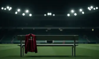 Empty manager's dugout with Scotland jacket under stadium lights at night