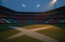 Empty floodlit stadium at dusk with Scottish blue-white and Moroccan red-green colour palette, dramatic shadows, rain-wet pitch.