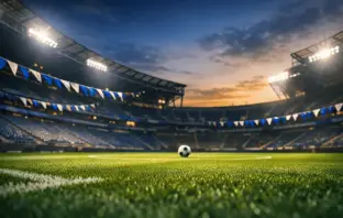 Empty floodlit stadium lower bowl at dusk with blue and white bunting, pitch visible from corner flag angle, match ball on centre spot.