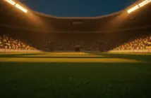 Floodlit stadium pitch at dusk with packed stands in Senegal green-gold and Iraq red-white colours.