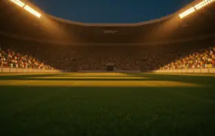 Floodlit stadium pitch at dusk with packed stands in Senegal green-gold and Iraq red-white colours.