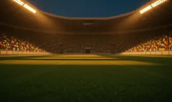 Floodlit stadium pitch at dusk with packed stands in Senegal green-gold and Iraq red-white colours.