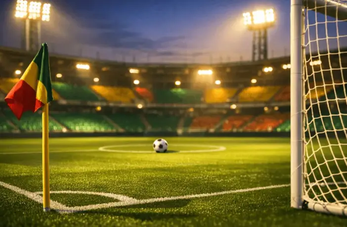 Floodlit stadium corner view with green and gold accent lighting, empty pitch, goal net, cinematic sports photography.