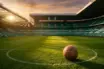 Celtic Park stadium bathed in golden light with vintage football on pitch