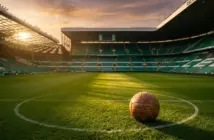 Celtic Park stadium bathed in golden light with vintage football on pitch