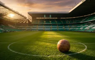 Celtic Park stadium bathed in golden light with vintage football on pitch