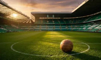 Celtic Park stadium bathed in golden light with vintage football on pitch