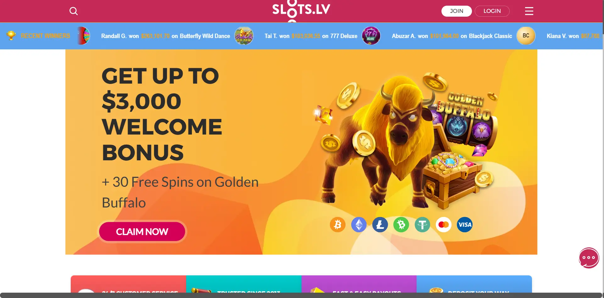 SlotsLV review screenshot US desktop