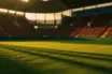 Floodlit stadium at dusk with green and yellow lighting, packed stands, dramatic shadows on pitch.