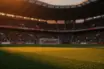 Empty floodlit stadium pitch at dusk with packed stands in soft focus and dramatic golden lighting casting shadows across the field.